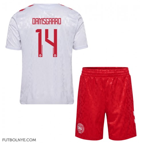 Camiseta Dinamarca Mikkel Damsgaard #14 Visitante Equipación para niños Eurocopa 2024 manga corta (+ pantalones cortos)